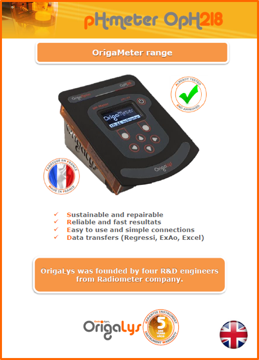 Leaflet of the Origalys Ph meter OpH218